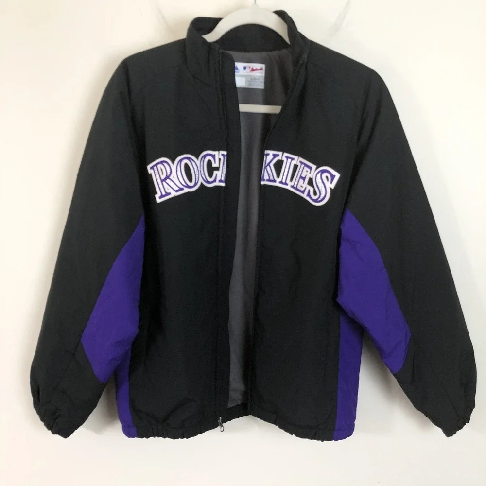 Vintage Majestic Colorado Rockies MLB Full Zip Jacket Youth Sz L Black Purple